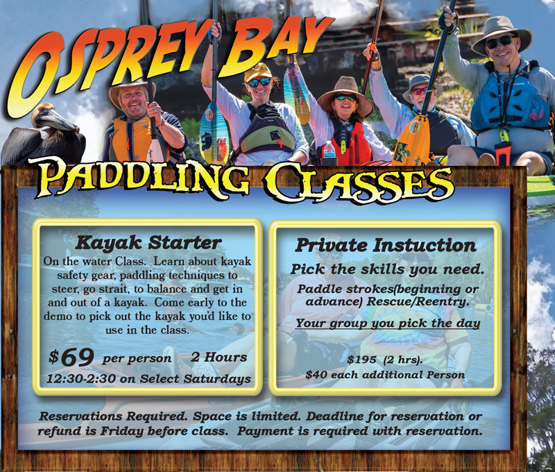Osprey Bay Paddling Classes flyer — Kayak Starter ($69, 2 hours) and Private Instruction ($195), on-the-water lessons in Clearwater, FL